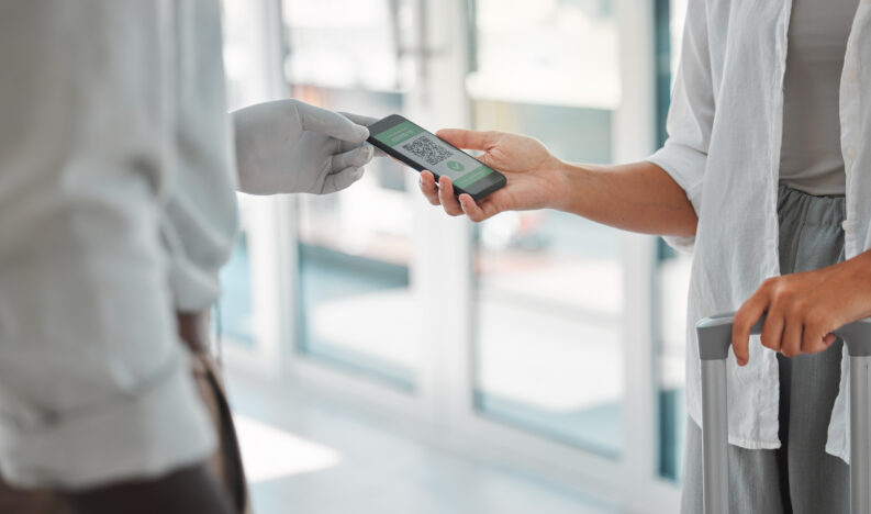 Covid QR code, travel passport and vaccine medical status with immigration, traveling and safety at.